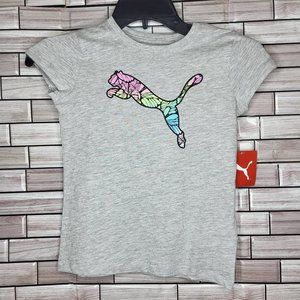 NWT Puma‎ Girls Grey Short Cap Sleeve Crew Neck Graphic Print T Shirt Size 6 Top
